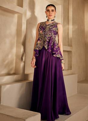 Deep purple embroidered satin chiffon co ord set 2