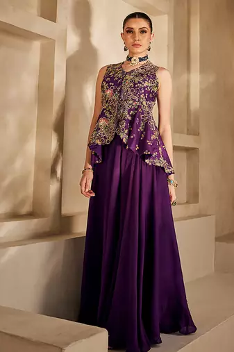 Deep purple embroidered satin chiffon co ord set