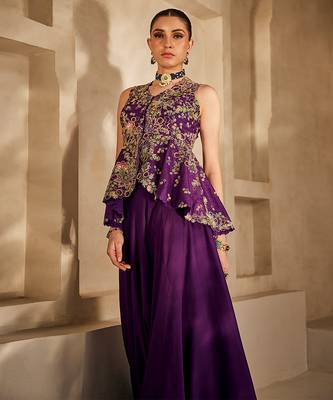 Deep purple embroidered satin chiffon co ord set 3