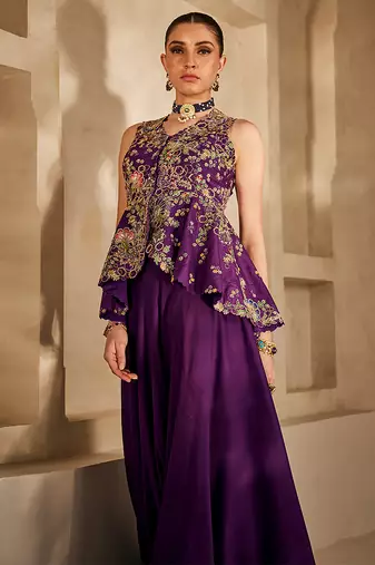 Deep purple embroidered satin chiffon co ord set