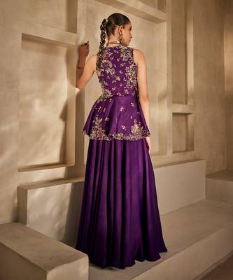 Deep purple embroidered satin chiffon co ord set 4