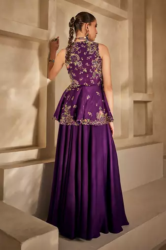 Deep purple embroidered satin chiffon co ord set
