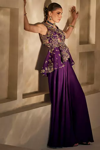 Deep purple embroidered satin chiffon co ord set