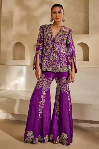 Magenta purple embroidered raw silk sharara set