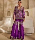 Magenta purple embroidered raw silk sharara set