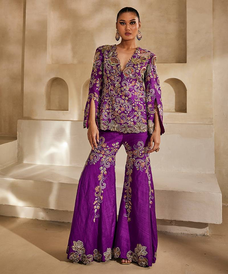 Magenta purple embroidered raw silk sharara set