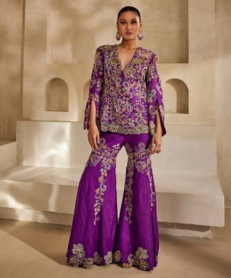 Magenta purple embroidered raw silk sharara set 2