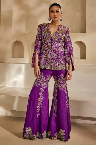 Magenta purple embroidered raw silk sharara set