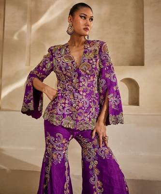 Magenta purple embroidered raw silk sharara set 3
