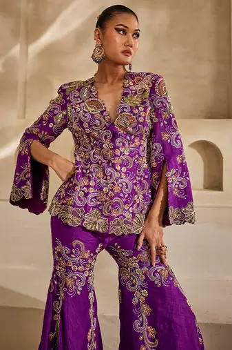 Magenta purple embroidered raw silk sharara set