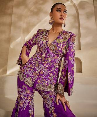 Magenta purple embroidered raw silk sharara set 5