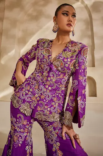 Magenta purple embroidered raw silk sharara set