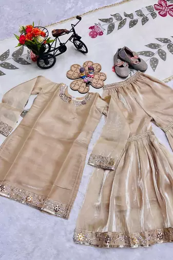 Pure heavy silk embrodairy seqence  work cream readymade salwar suit