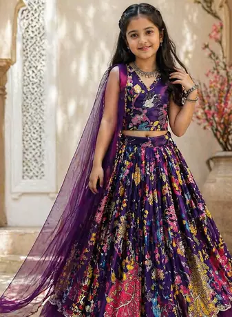 Pure heavy crep print and embroidery  work purple readymade lahnega choli