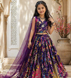 Pure heavy crep print and embroidery  work purple readymade lahnega choli