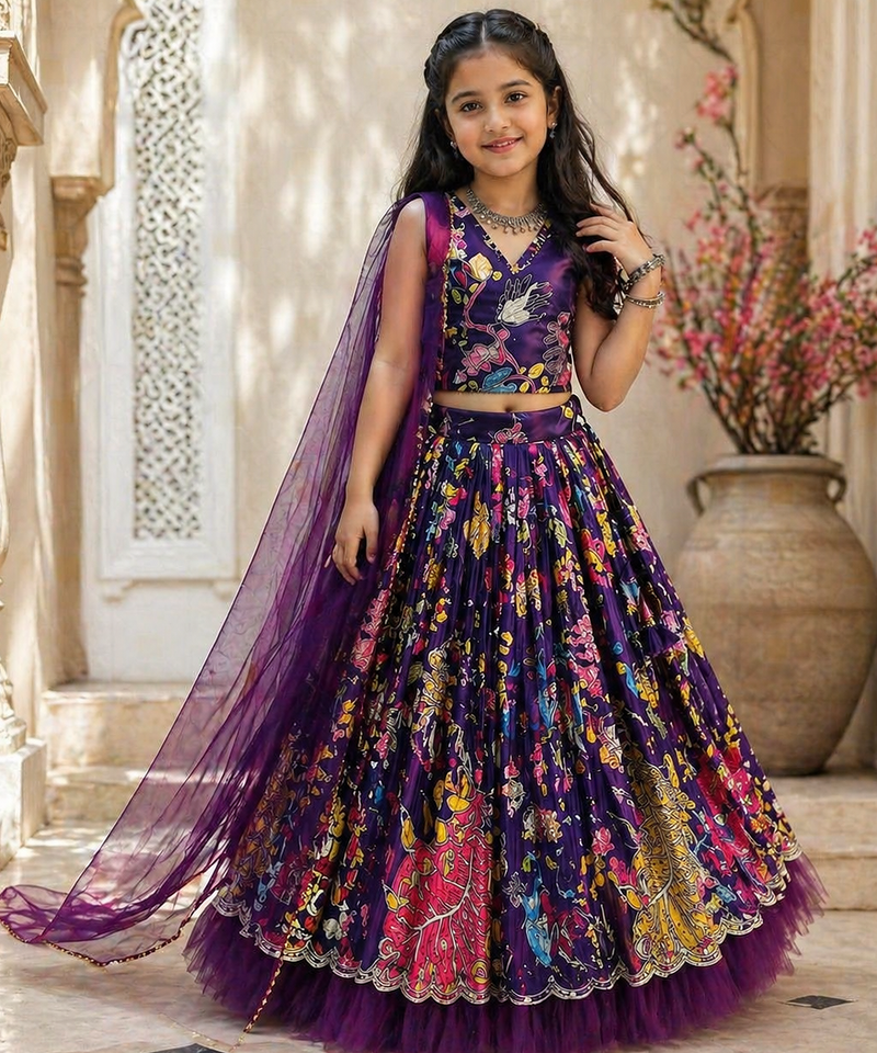 Pure heavy crep print and embroidery  work purple readymade lahnega choli