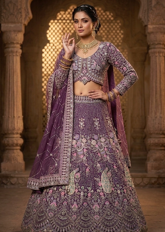 PURPLE NET EMBROIDERY LEHENGA CHOLI