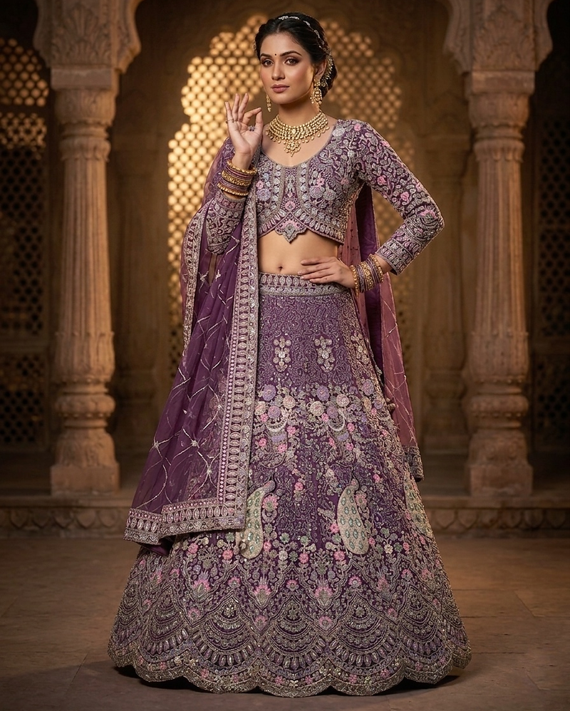 PURPLE BUTTERFLY NET EMBROIDERY PARTY WEAR LEHENGA CHOLI