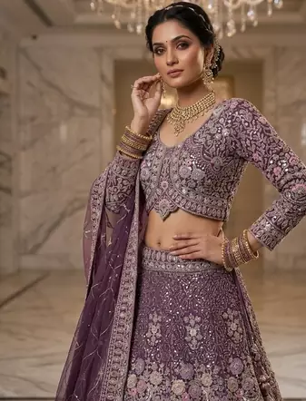 PURPLE NET EMBROIDERY LEHENGA CHOLI