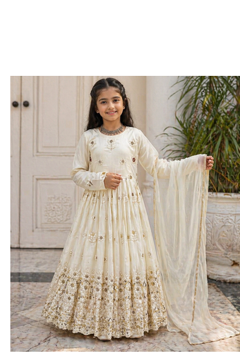 heavy vichitra silk embrodairy seqence  work white readymade ethnic gown 1