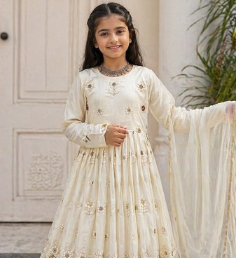 heavy vichitra silk embrodairy seqence  work white readymade ethnic gown