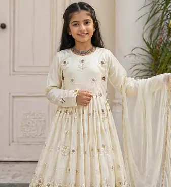 heavy vichitra silk embrodairy seqence  work white readymade ethnic gown