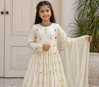 heavy vichitra silk embrodairy seqence  work white readymade ethnic gown
