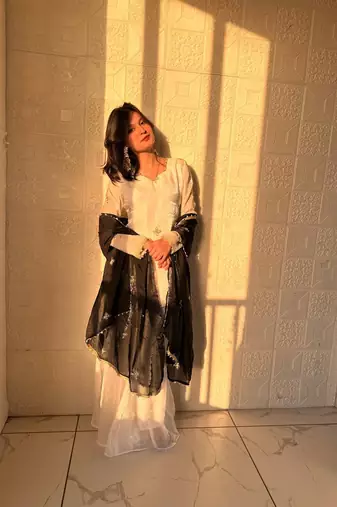 Fendy silk sharara suit with embroidery sequence work & dupatta