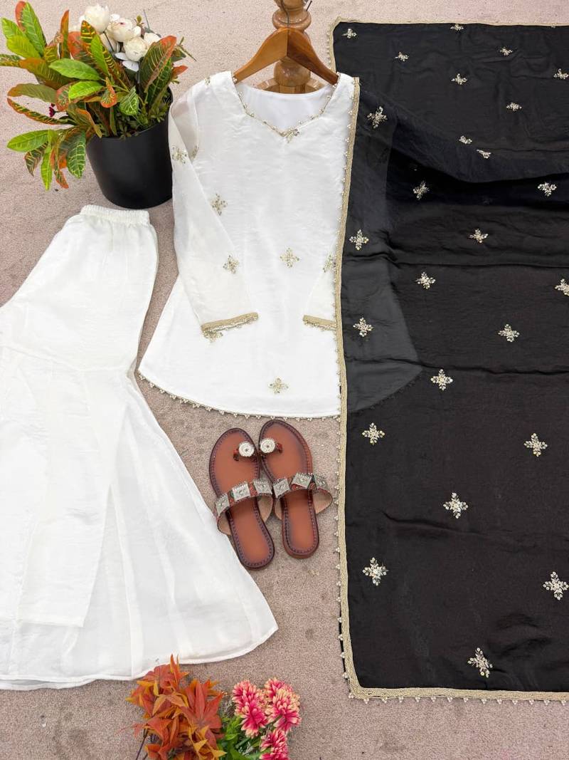 Fendy silk sharara suit with embroidery sequence work & dupatta