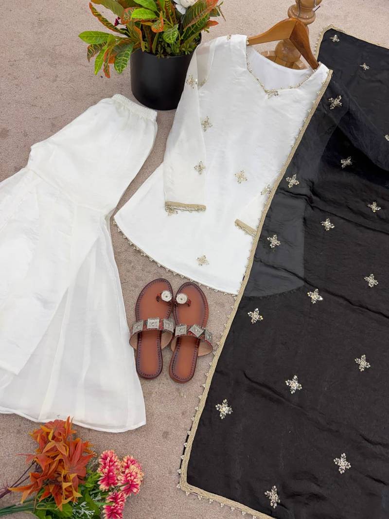 Fendy silk sharara suit with embroidery sequence work & dupatta