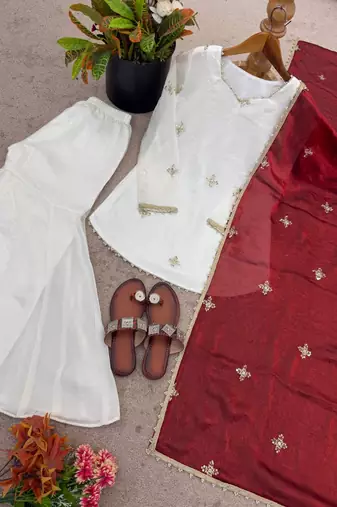 Fendy silk sharara suit with embroidery sequence work & dupatta