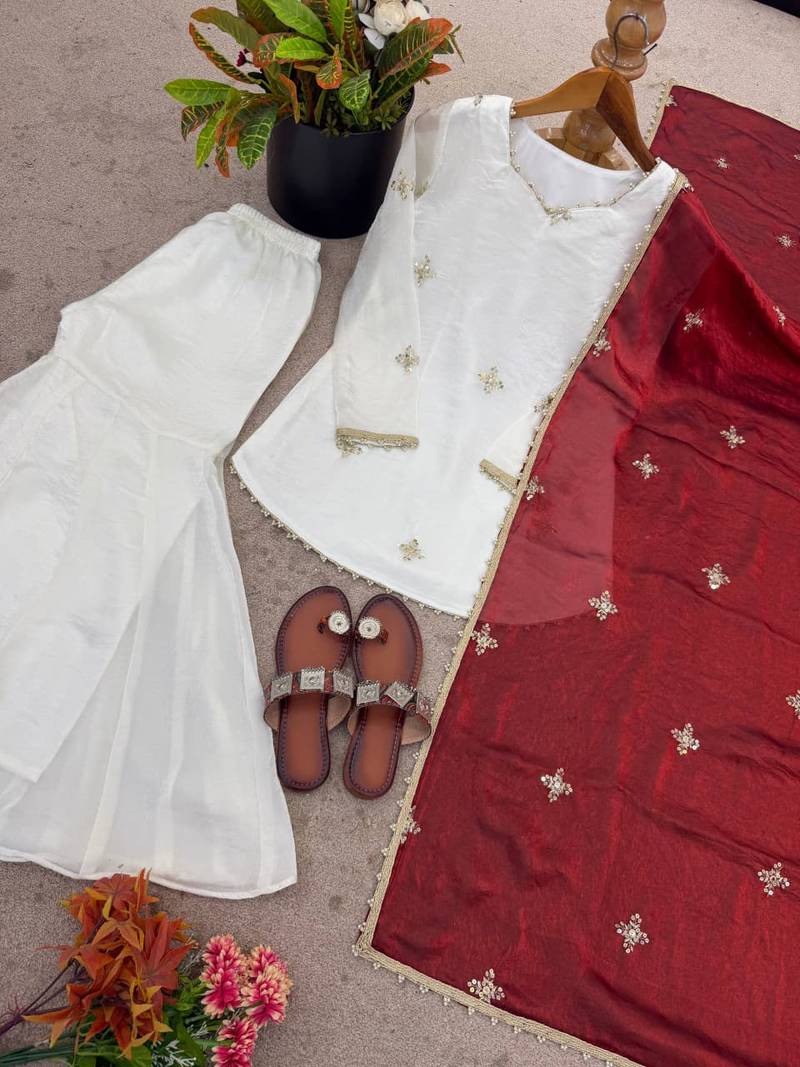 Fendy silk sharara suit with embroidery sequence work & dupatta