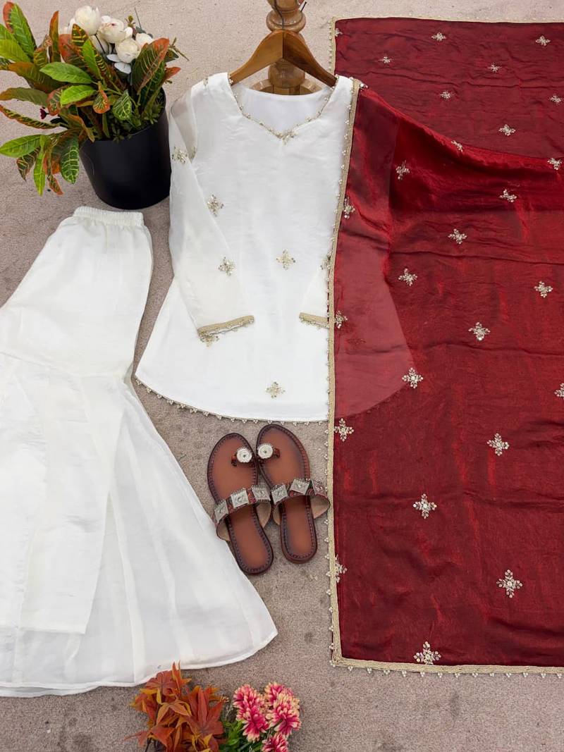 Fendy silk sharara suit with embroidery sequence work & dupatta