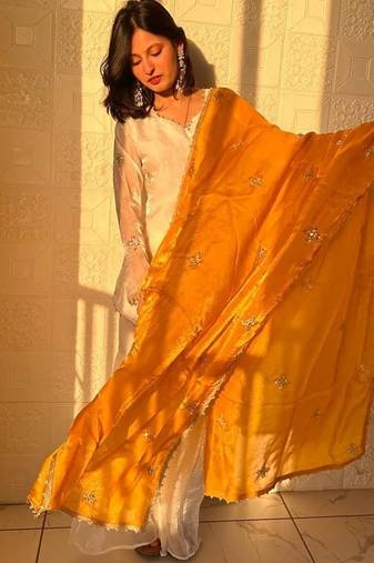 Fendy silk sharara suit with embroidery sequence work & dupatta