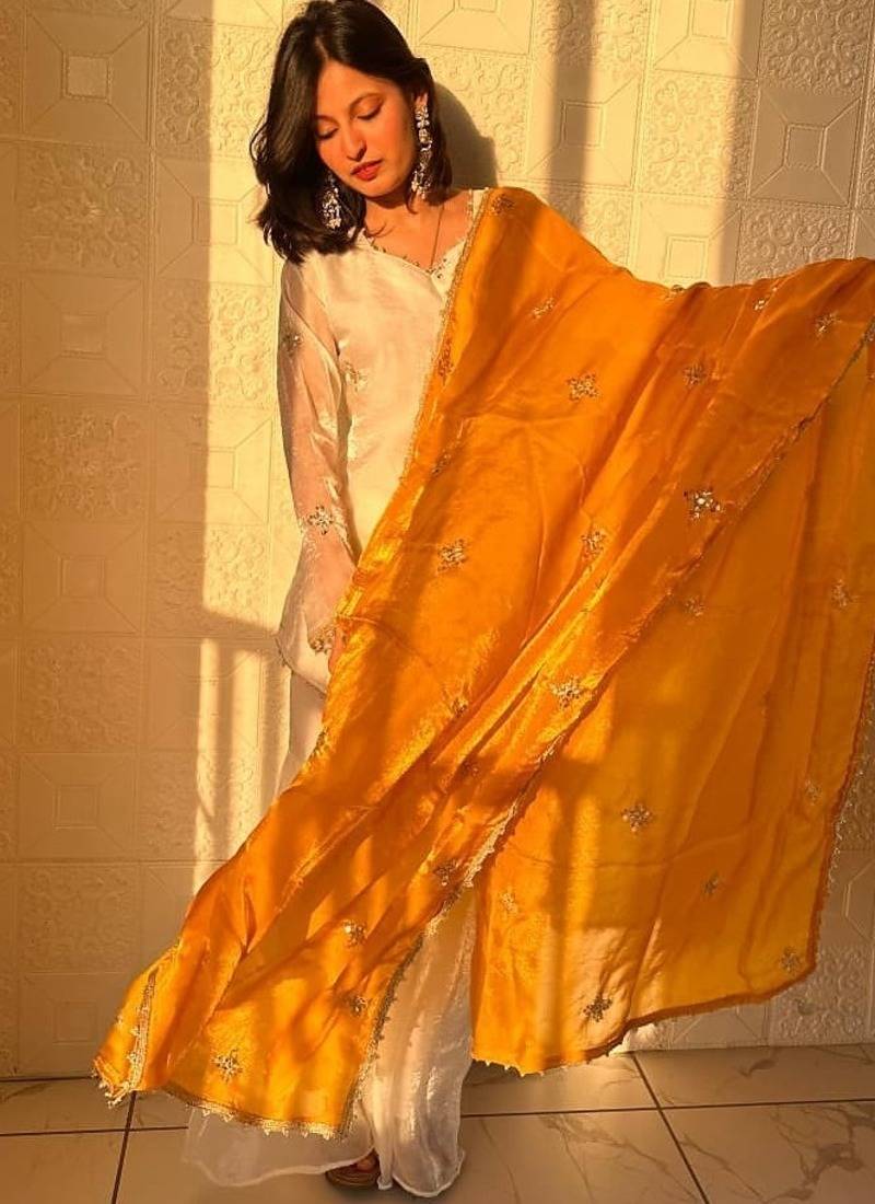 Fendy silk sharara suit with embroidery sequence work & dupatta