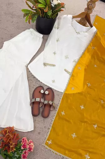 Fendy silk sharara suit with embroidery sequence work & dupatta
