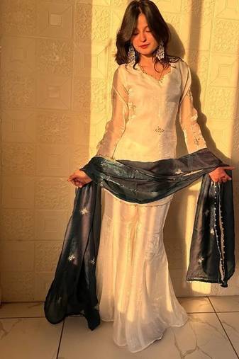 Fendy silk sharara suit with embroidery sequence work & dupatta
