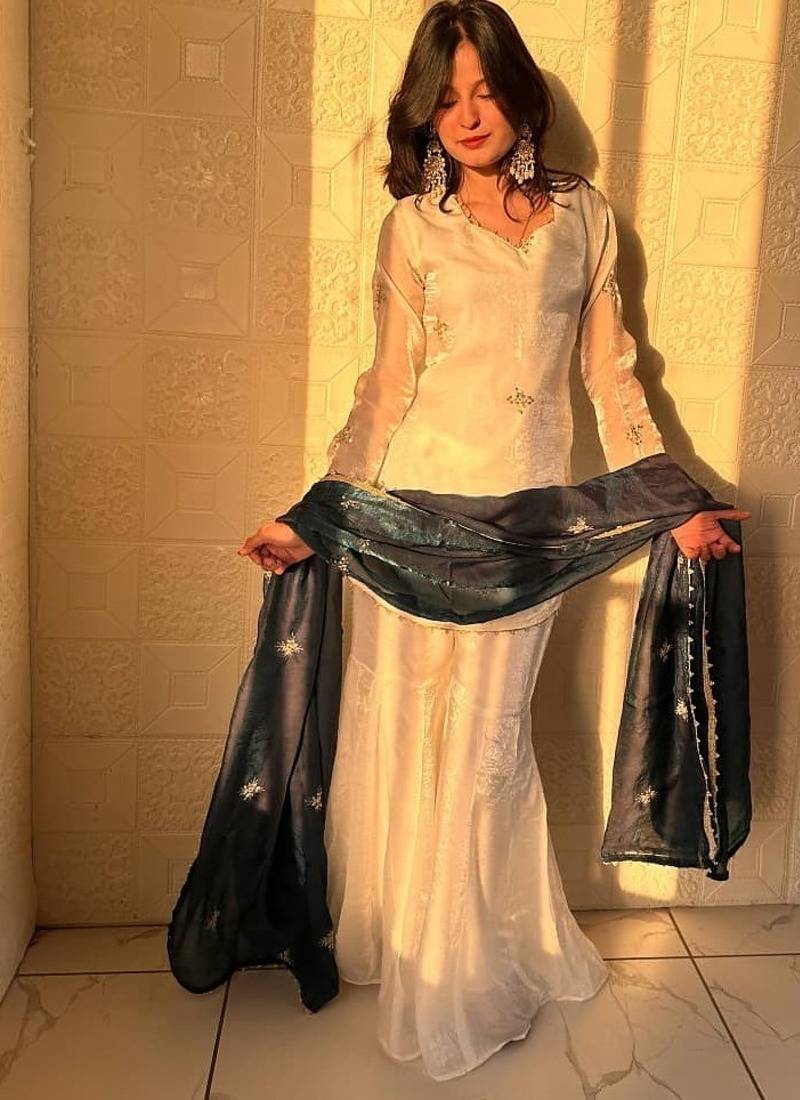 Fendy silk sharara suit with embroidery sequence work & dupatta