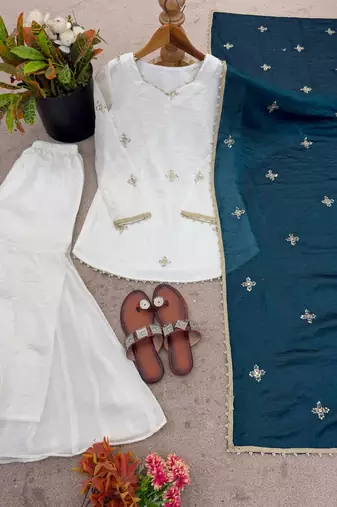 Fendy silk sharara suit with embroidery sequence work & dupatta