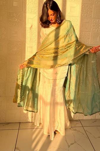 Fendy silk sharara suit with embroidery sequence work & dupatta