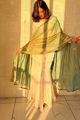 Fendy silk sharara suit with embroidery sequence work & dupatta