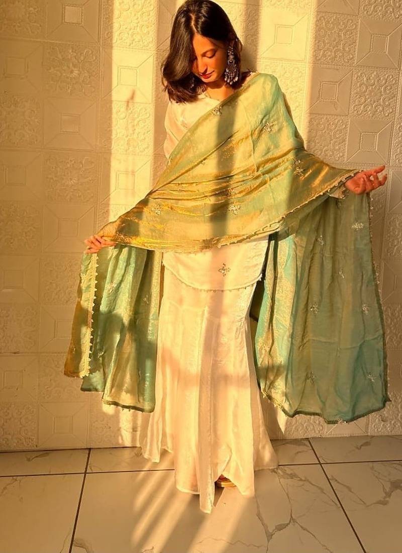 Fendy silk sharara suit with embroidery sequence work & dupatta