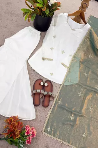 Fendy silk sharara suit with embroidery sequence work & dupatta