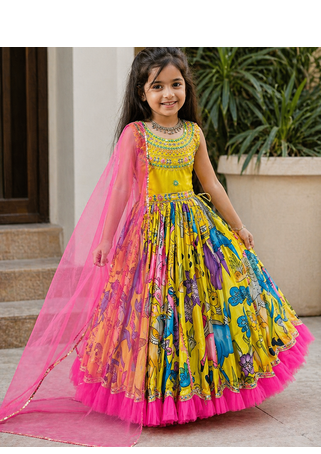 Chinon silk embroidery and printed work yellow readymade gown 4