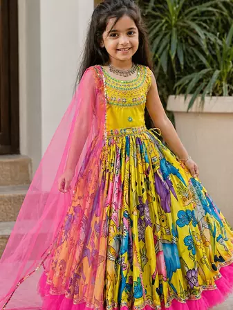 Chinon silk embroidery and printed work yellow readymade gown