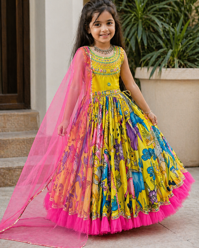 Chinon silk embroidery and printed work yellow readymade gown