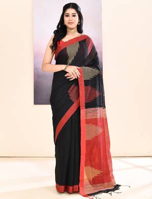 Women's black temple border embellished cotton blend jamdani saree 1