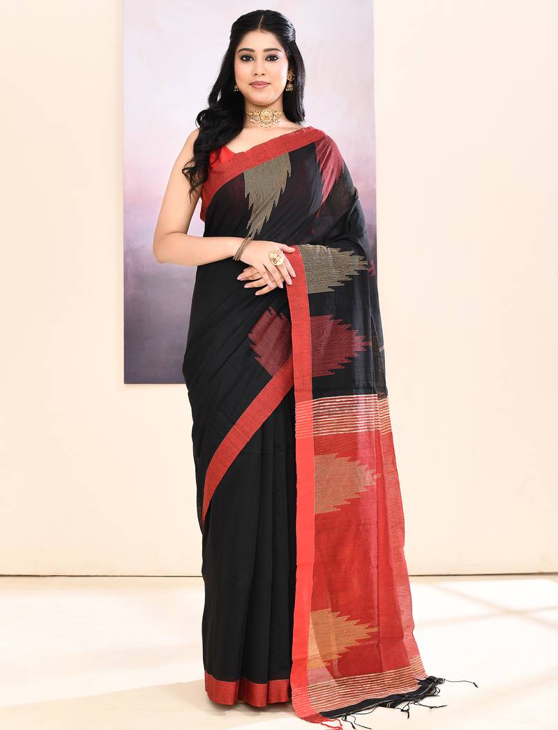 Women's black temple border embellished cotton blend jamdani saree