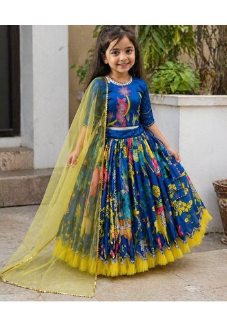 Alluring Chinon Silk Embroidery Digital Printed Rama Lehenga Choli 1