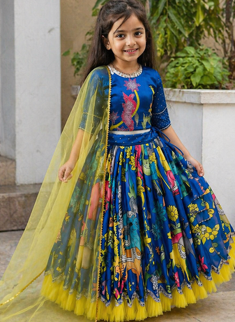 Alluring Chinon Silk Embroidery Digital Printed Rama Lehenga Choli